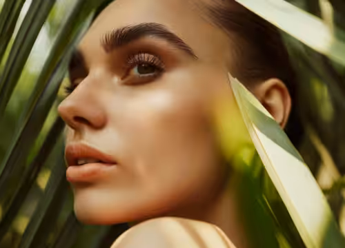 Photo of a beautiful woman surrounded by palm leaves
